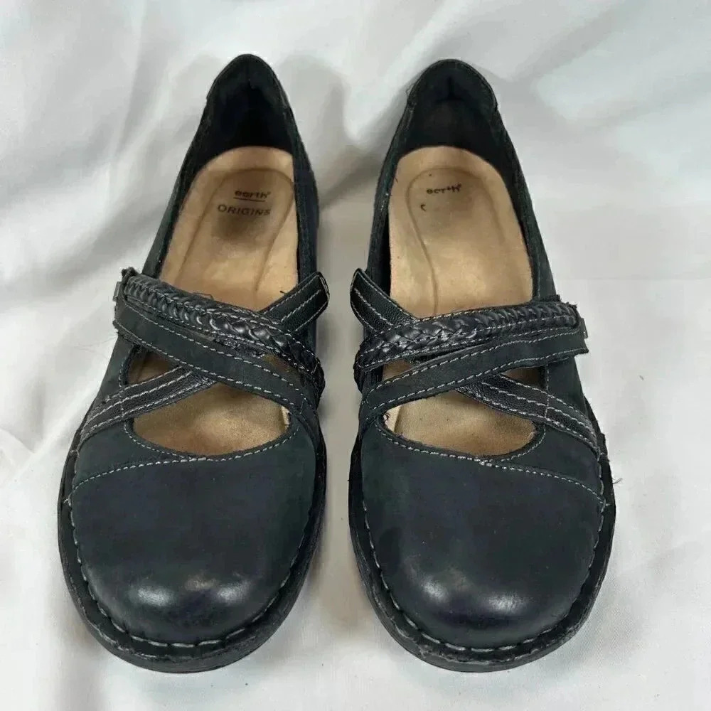Earth Origins Tamara Toria Size 7.5M Black Leather Mary Jane Flat Slip On Casual